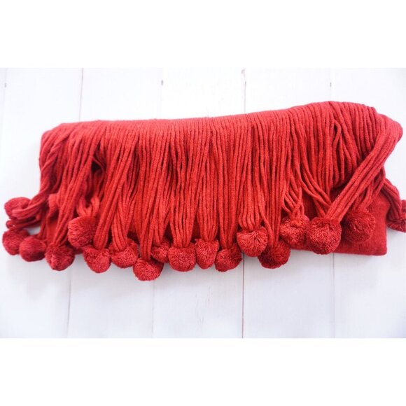 Red Winter Scarf with Pom Pom Tassels - Picture 5 of 5